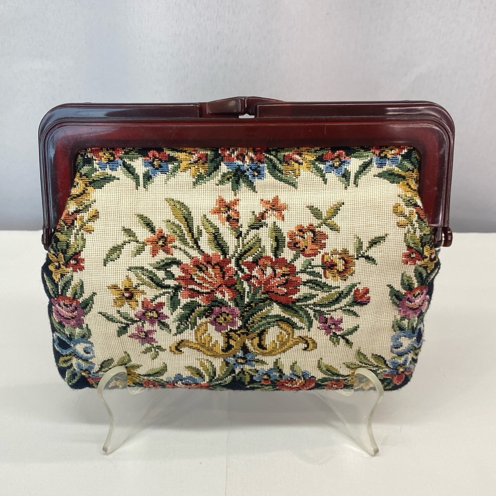 Vintage Interpur Victorian Floral Embroidered Tapestry Handbag Purse Clutch